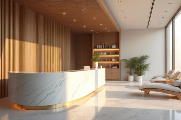 Modern spa lobby features marble reception desk, wooden wall panels. Comfortable lounge chairs by large windows offer relaxation. Shelves display wellness products. Natural light fills elegant space.