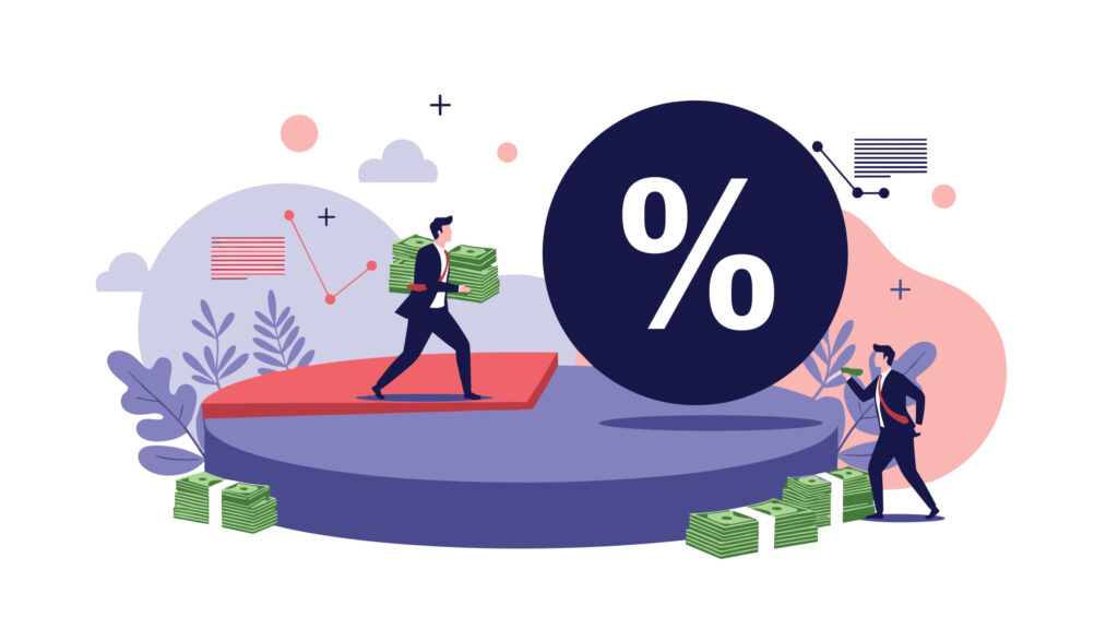 Businessmen carry stacks of cash around a large black circle containing a white percentage symbol representing high interest rates and finance.