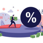 Businessmen carry stacks of cash around a large black circle containing a white percentage symbol representing high interest rates and finance.