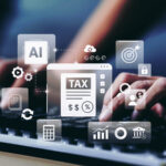 Business woman using artificial intelligence tax management interface with financial analytics dashboard, automation system, and digital accounting tools for online business and fintech workflow