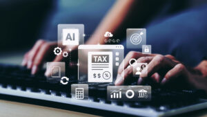 Business woman using artificial intelligence tax management interface with financial analytics dashboard, automation system, and digital accounting tools for online business and fintech workflow