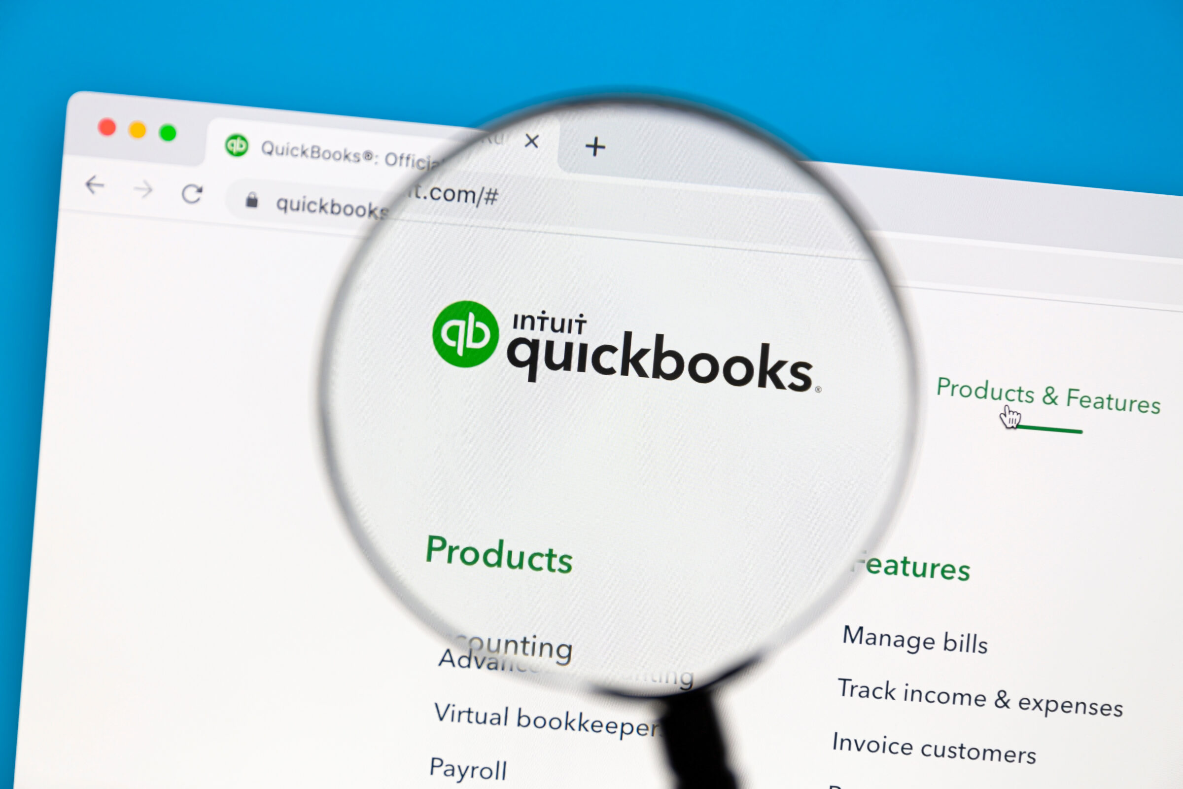 Ostersund, Sweden - Aug 10 2022: Intuit Quickbooks website on a computer screen. QuickBooks is an accounting software package developed and marketed by Intuit.