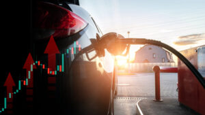 Pumping gas fuel car at oil station. Woman hand refuel petrol nozzle tank. Refueling transportation and Automotive industry.